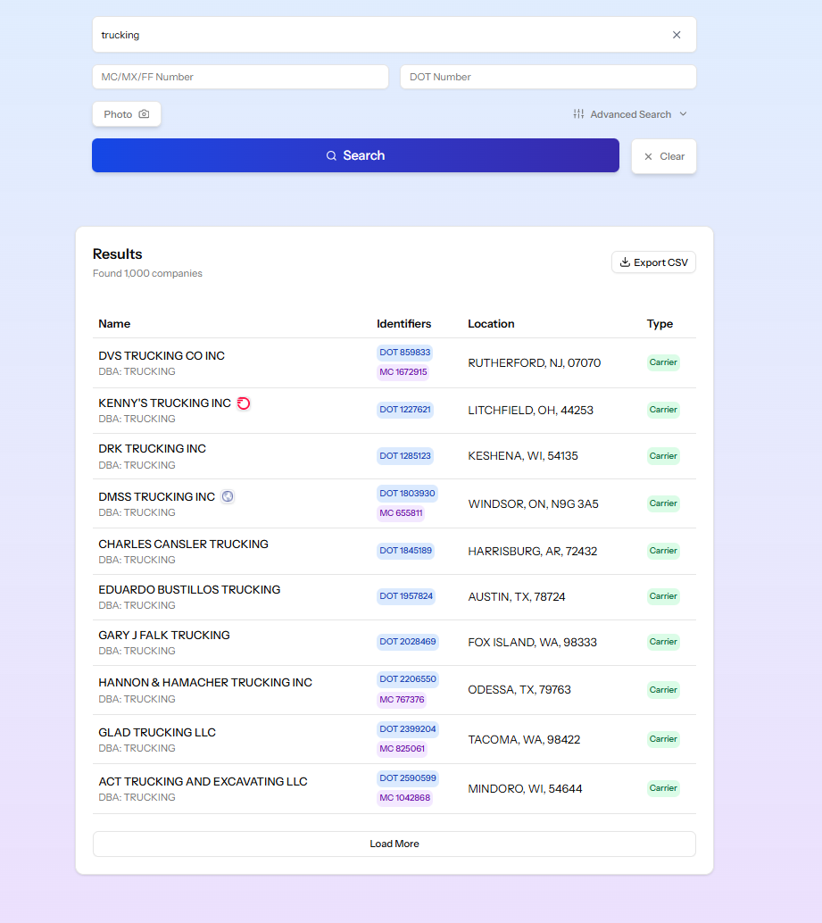 SearchCarriers search results showing multiple carrier results with company names, DOT/MC numbers, and safety information